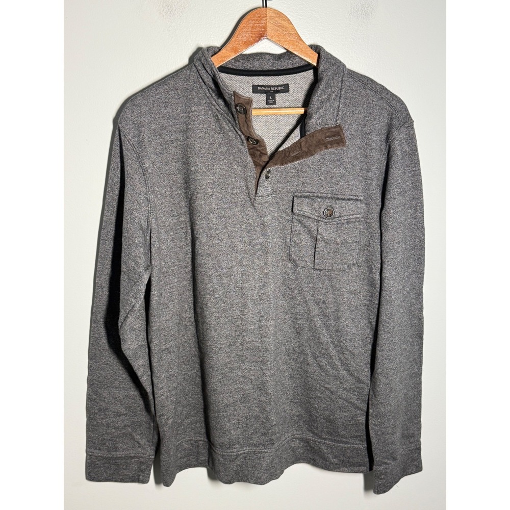 Banana Republic Mens Large Gray Quarter Button Mock Neck Sweatshirt Pullover